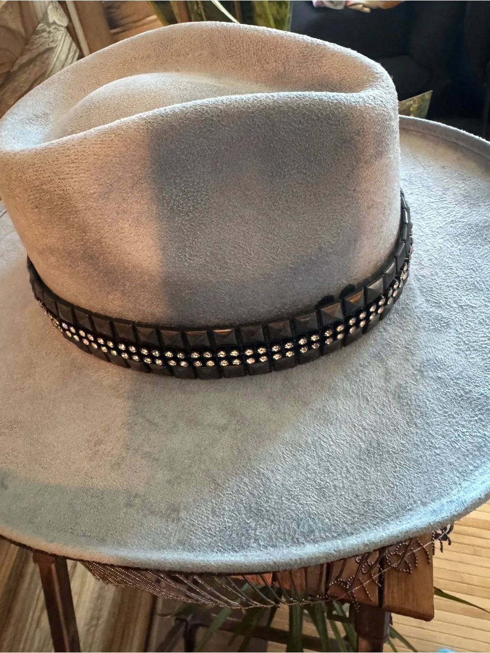 Vintage Blue Suede Hat with Studded Band & Fringe